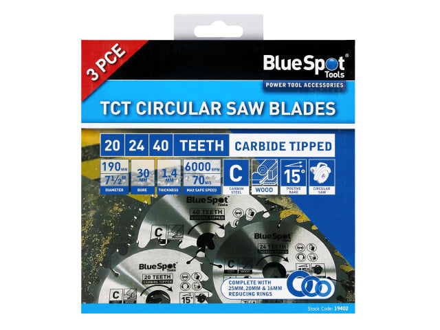 BlueSpot Tools 190mm Circular Saw Blade Set 3 Piece TCT Carbon Steel 20T 24T 40T