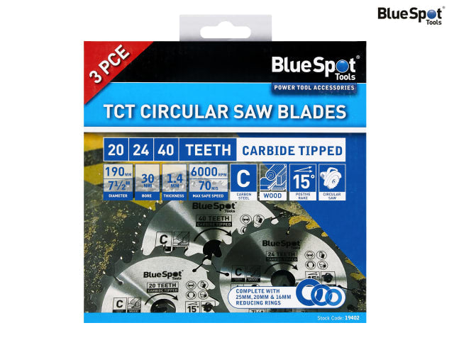 BlueSpot Tools 190mm Circular Saw Blade Set 3 Piece TCT Carbon Steel 20T 24T 40T