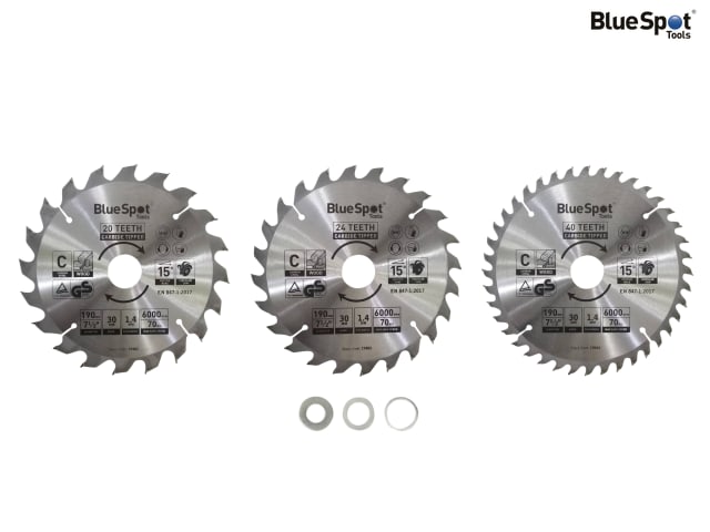 BlueSpot Tools 190mm Circular Saw Blade Set 3 Piece TCT Carbon Steel 20T 24T 40T