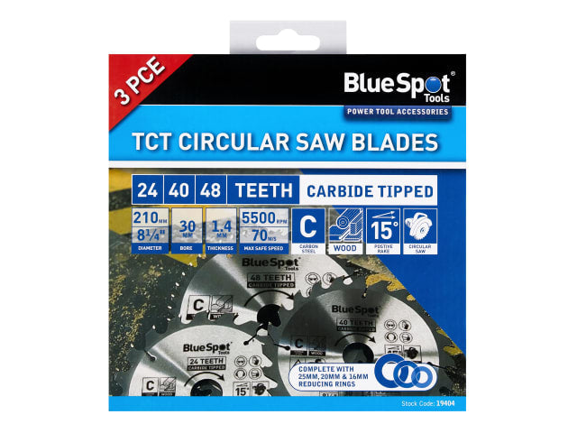 BlueSpot Tools 210mm Circular Saw Blade Set 3 Piece TCT Carbon Steel 24T 40T 48T