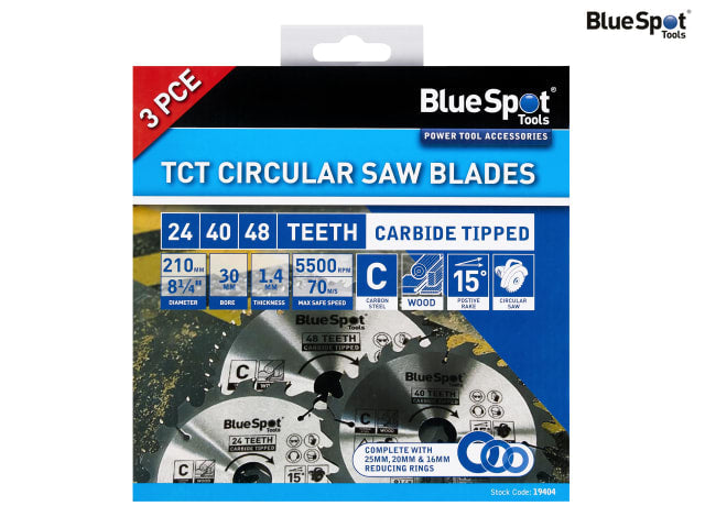 BlueSpot Tools 210mm Circular Saw Blade Set 3 Piece TCT Carbon Steel 24T 40T 48T