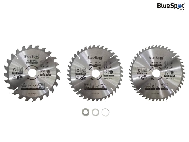 BlueSpot Tools 210mm Circular Saw Blade Set 3 Piece TCT Carbon Steel 24T 40T 48T