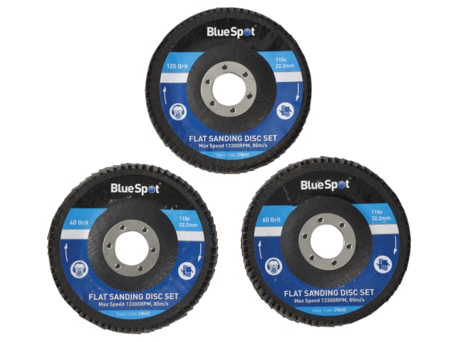 BlueSpot Tools 3 Piece Sanding Flap Disc Set 115mm 40 60 120 Grit