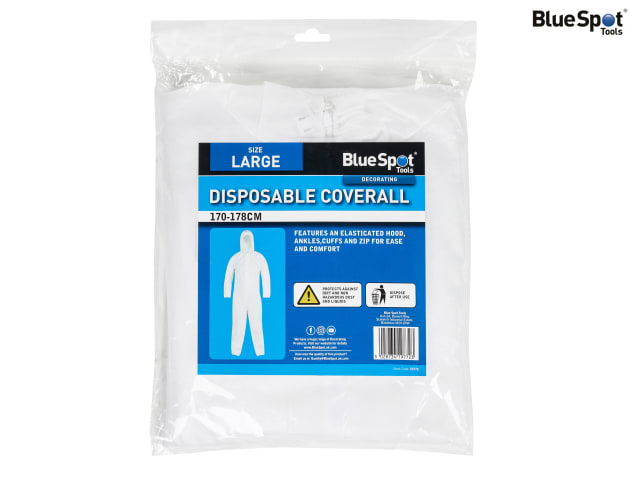 BlueSpot Tools Large Disposable Coverall 170-178cm Elasticated Hood Cuffs