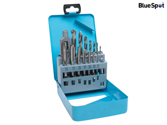 BlueSpot Tools 15 Piece Drill & Tap Set Hardened Steel with Metal Storage Tin