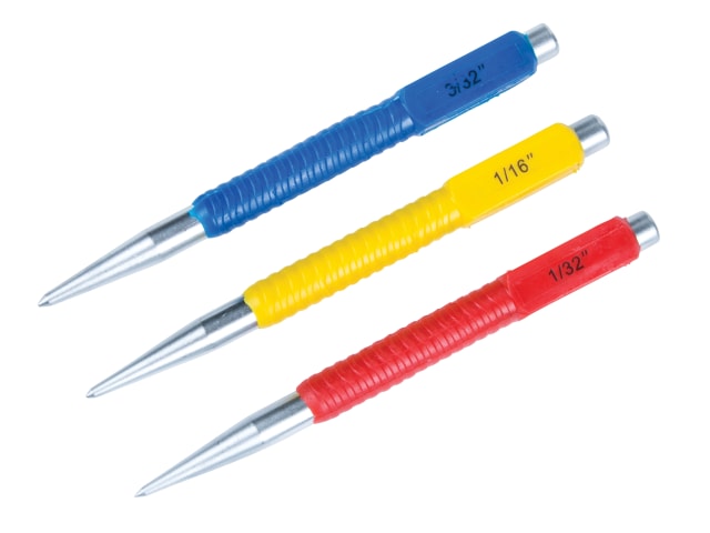 BlueSpot Tools 3 Piece Nail Punch Set Alloy Steel Knurled Grip 1/32 1/16 3/32in