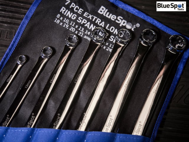 BlueSpot Tools Extra Long Ring Spanner Set 7 Piece Chrome Vanadium Steel