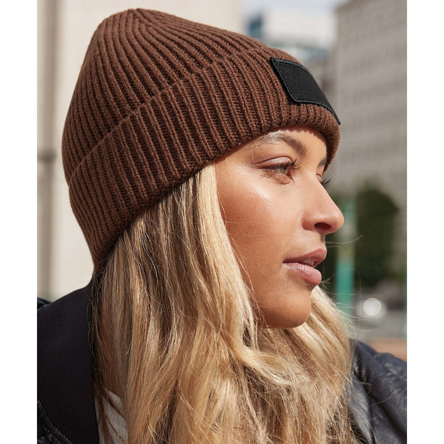 Beechfield Fashion Patch Beanie Cuffed Ribbed Knit Recycled Polyester B442R
