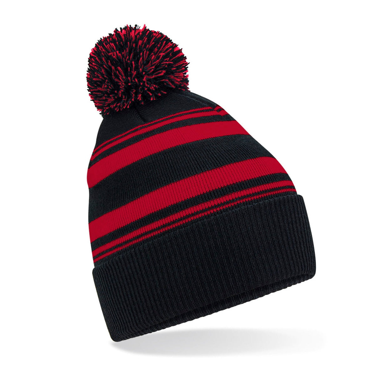 Beechfield Striped Fan Beanie Hat with Pom Pom Recycled Polyester Cuffed Design