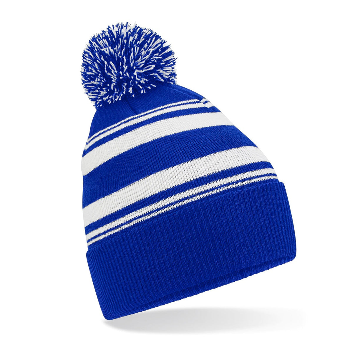 Beechfield Striped Fan Beanie Hat with Pom Pom Recycled Polyester Cuffed Design