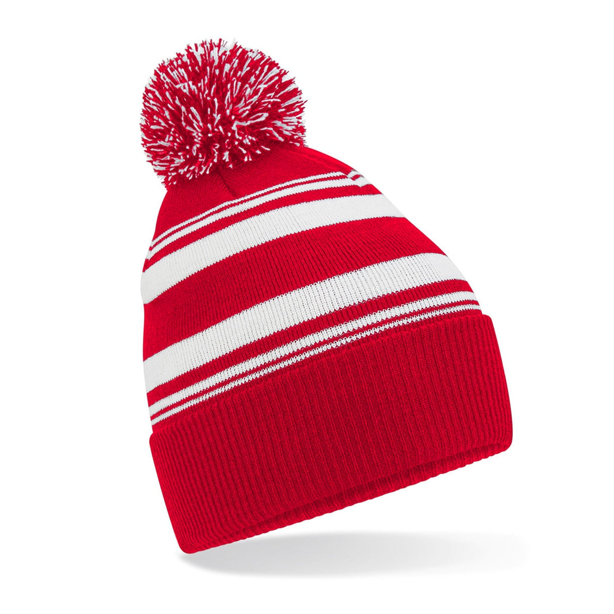 Beechfield Striped Fan Beanie Hat with Pom Pom Recycled Polyester Cuffed Design