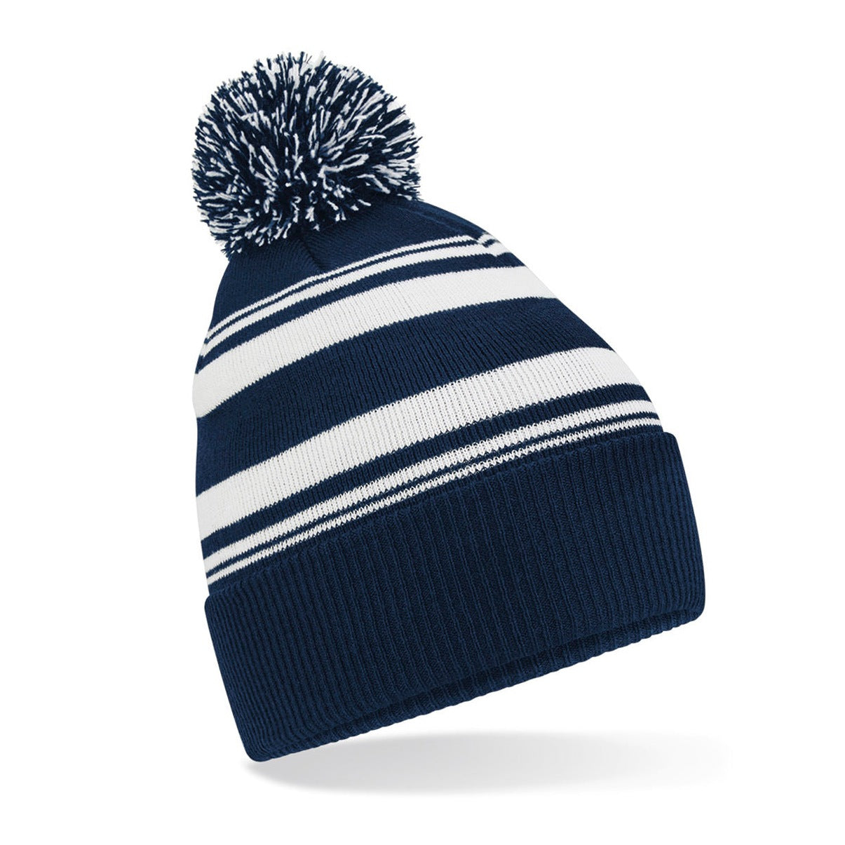 Beechfield Striped Fan Beanie Hat with Pom Pom Recycled Polyester Cuffed Design