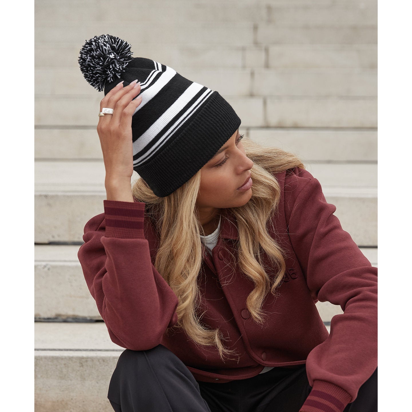 Beechfield Striped Fan Beanie Hat with Pom Pom Recycled Polyester Cuffed Design