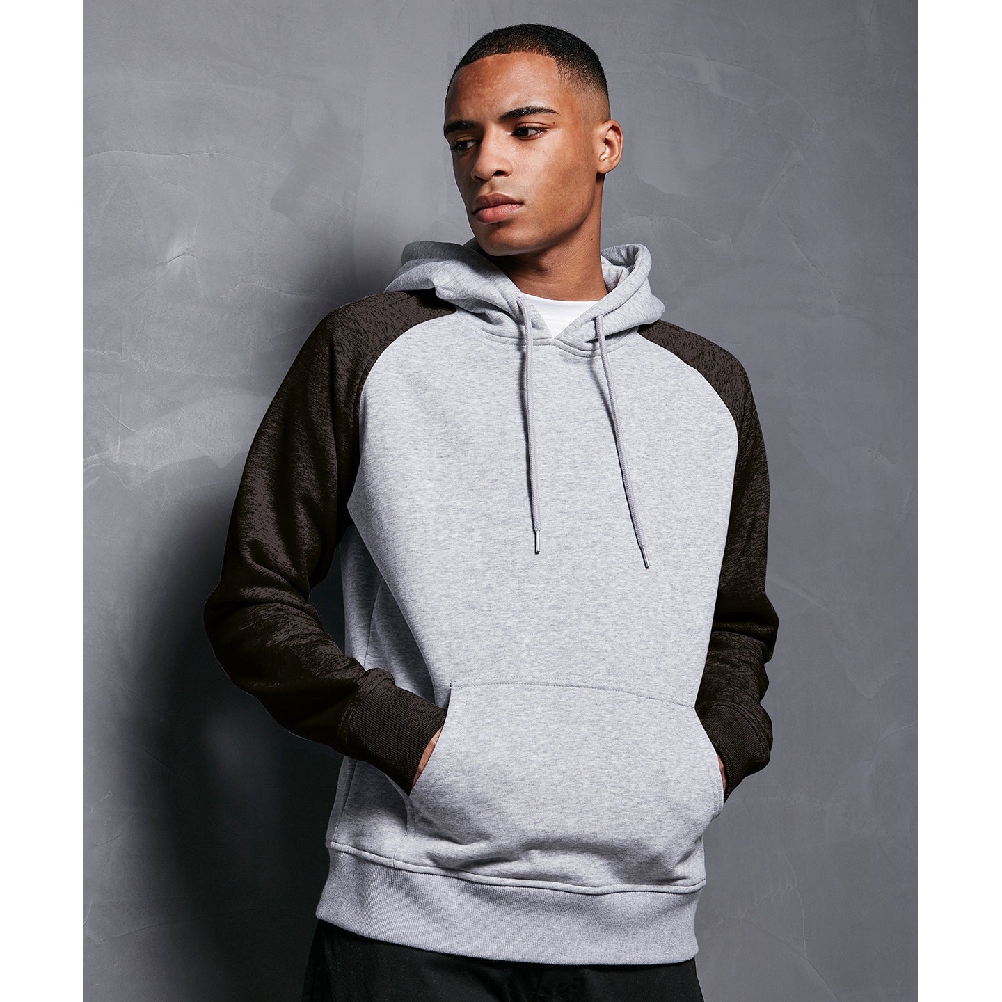 Build Your Brand Men's Raglan Hoodie Contrast Adjustable Hood Kangaroo Pocket