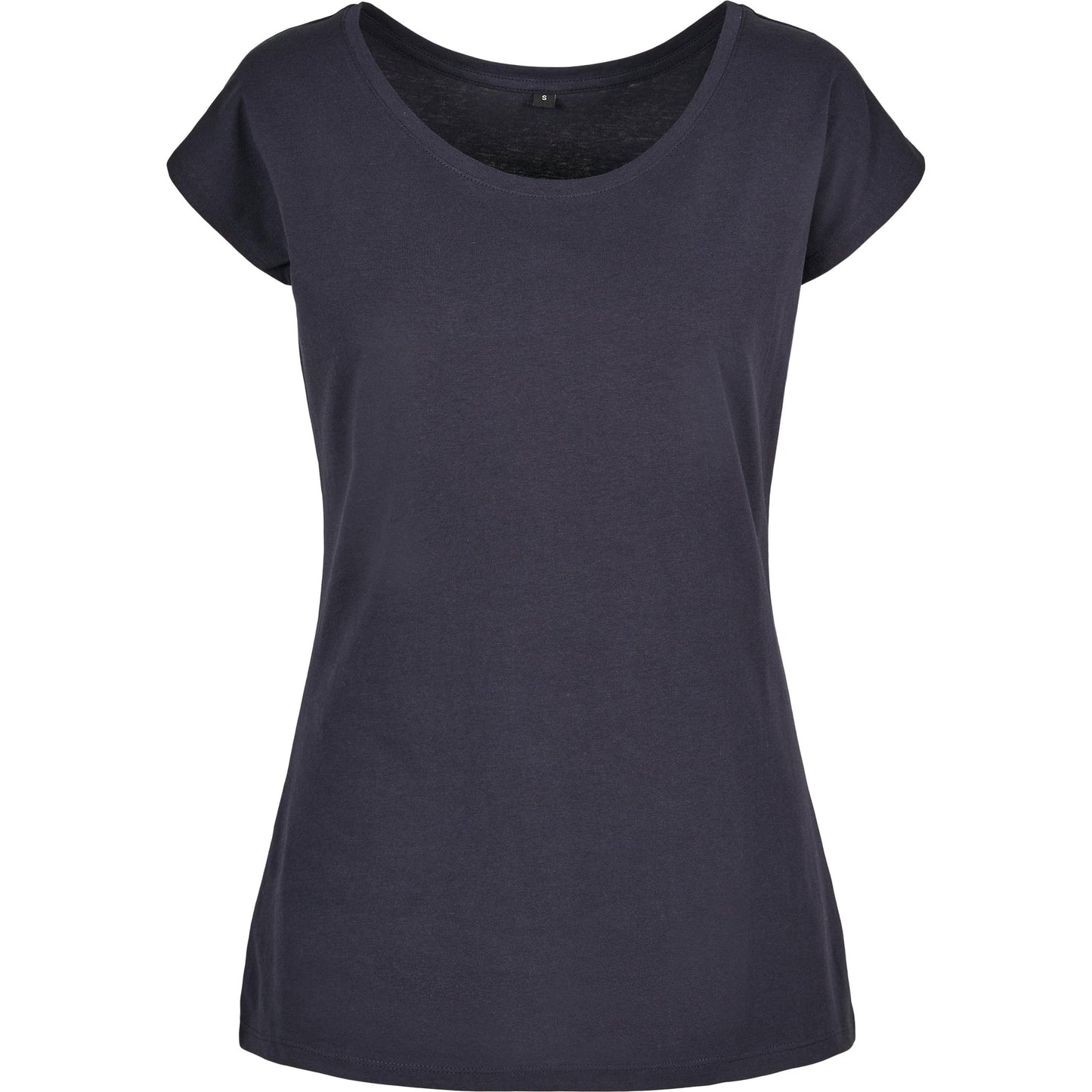 Build Your Brand Women's Wide Neck Tee Loose Fit Off-Shoulder Navy 100% Cotton