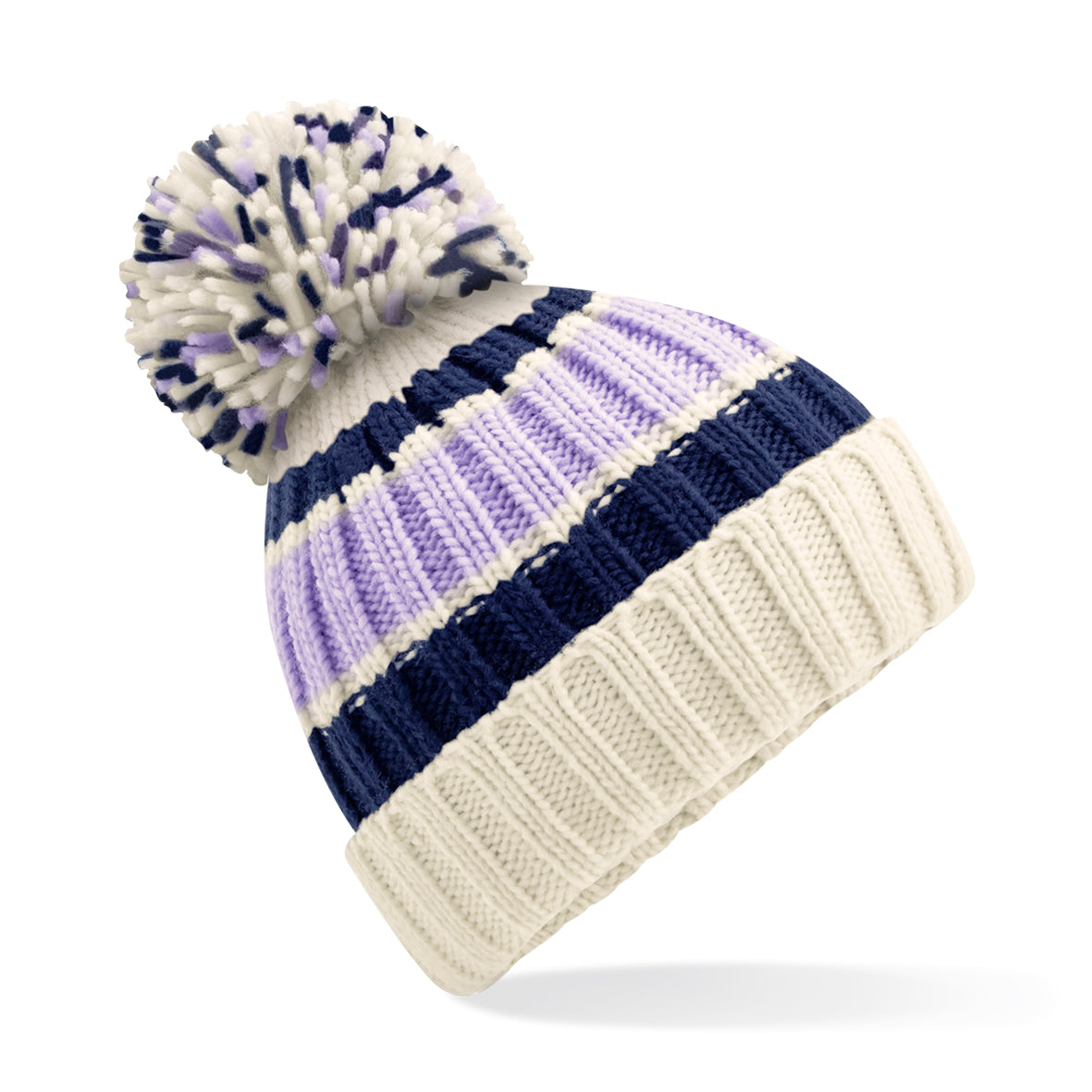 Beechfield Hygge Striped Beanie with Shearling Lining and Oversized Pom Pom