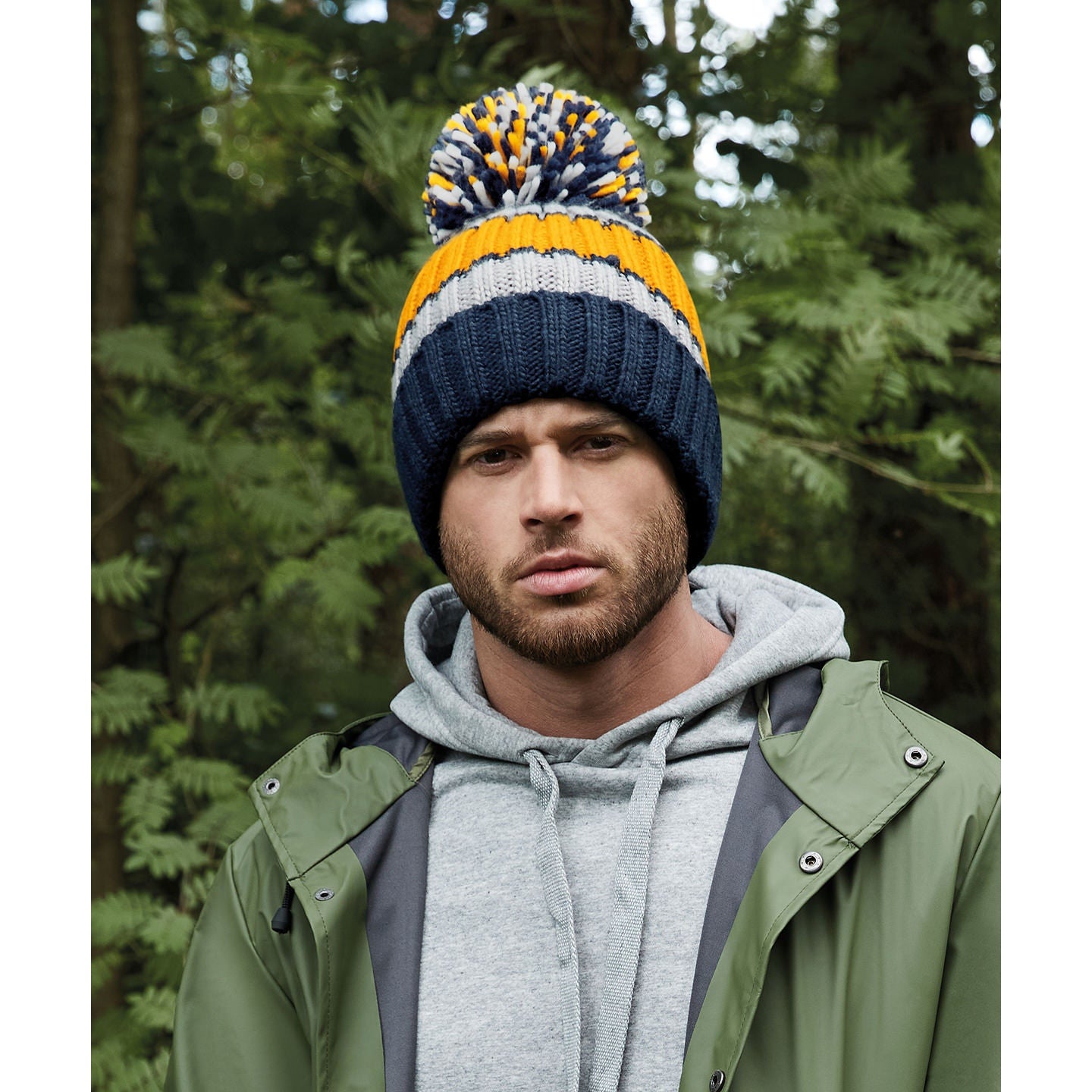 Beechfield Hygge Striped Beanie with Shearling Lining and Oversized Pom Pom