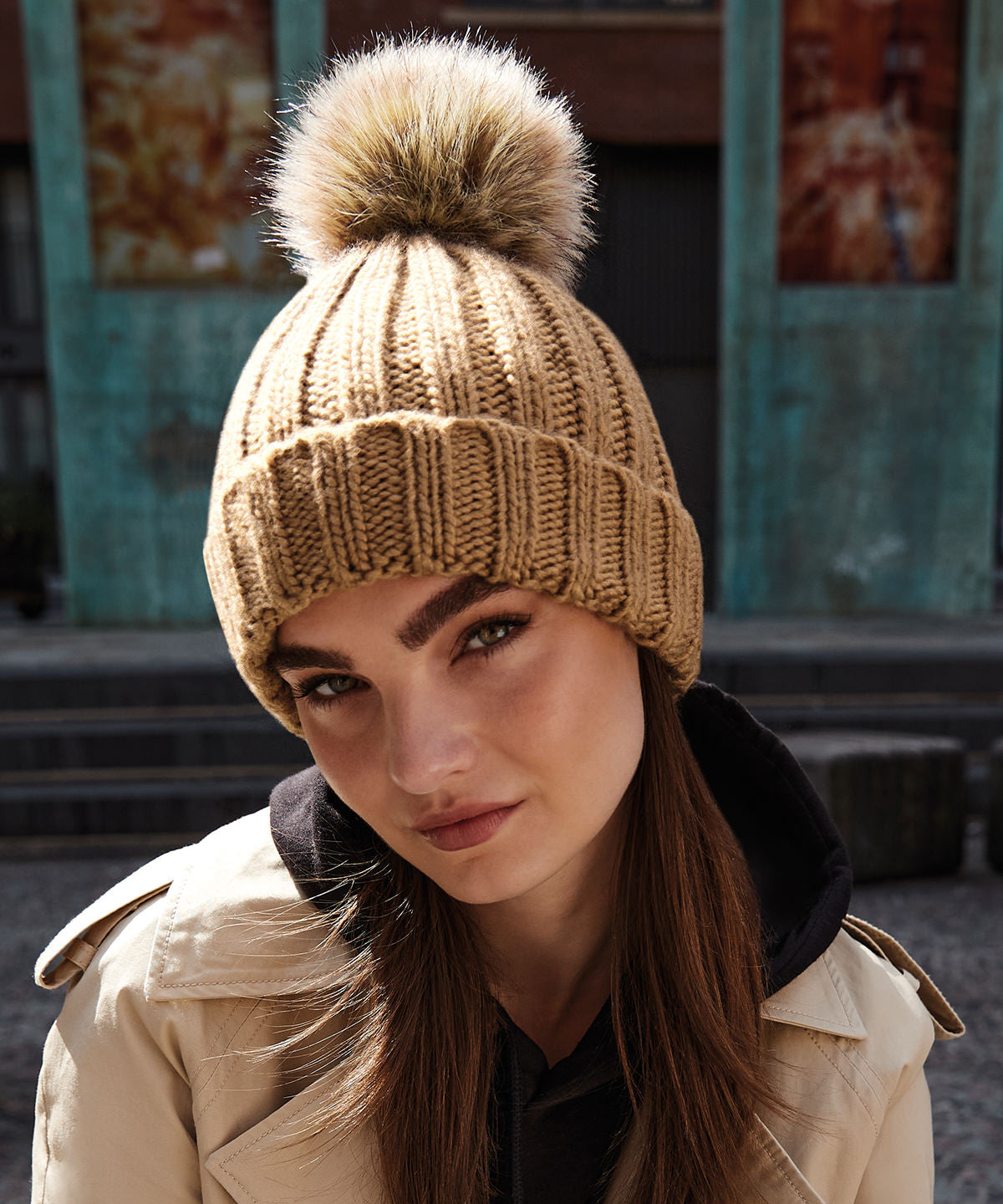 Beechfield Chunky Beanie with Removable Faux Fur Pom Pom and Cuffed Design