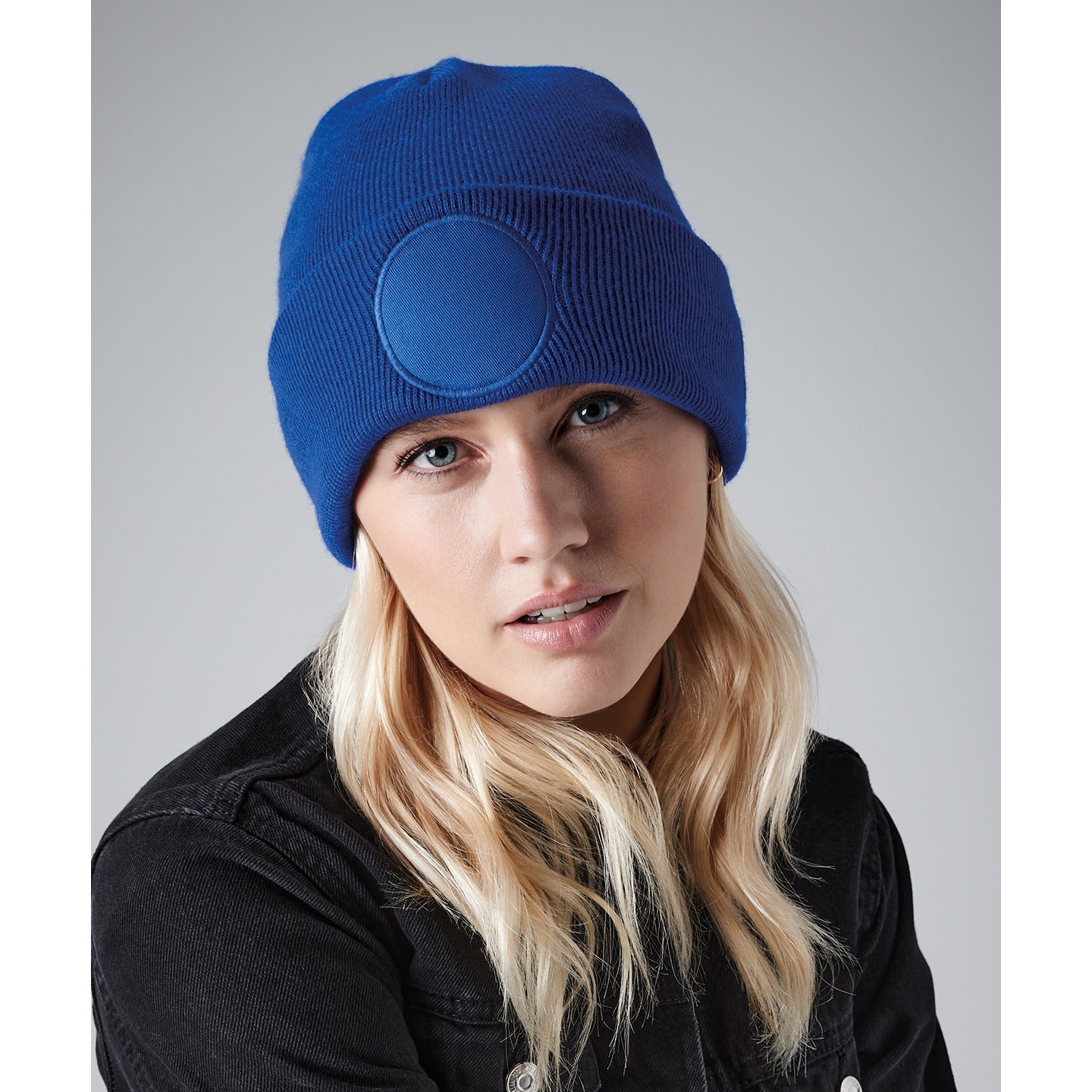 Beechfield Circular Patch Beanie Double Layer Knit Soft Touch Fabric Warmth