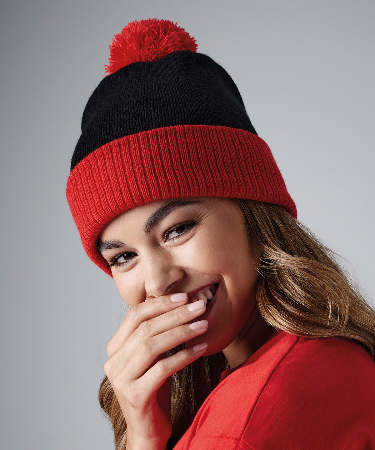 Beechfield Snowstar Two-Tone Beanie Cuffed Slouch Double Layer Knit Pom Pom