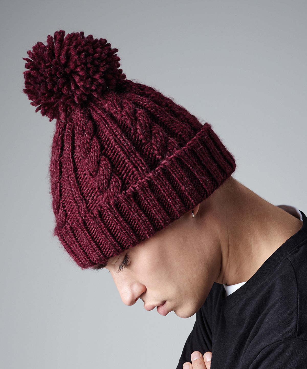 Beechfield Cable Knit Melange Beanie with Suprafleece Thermal Band, Pom Pom