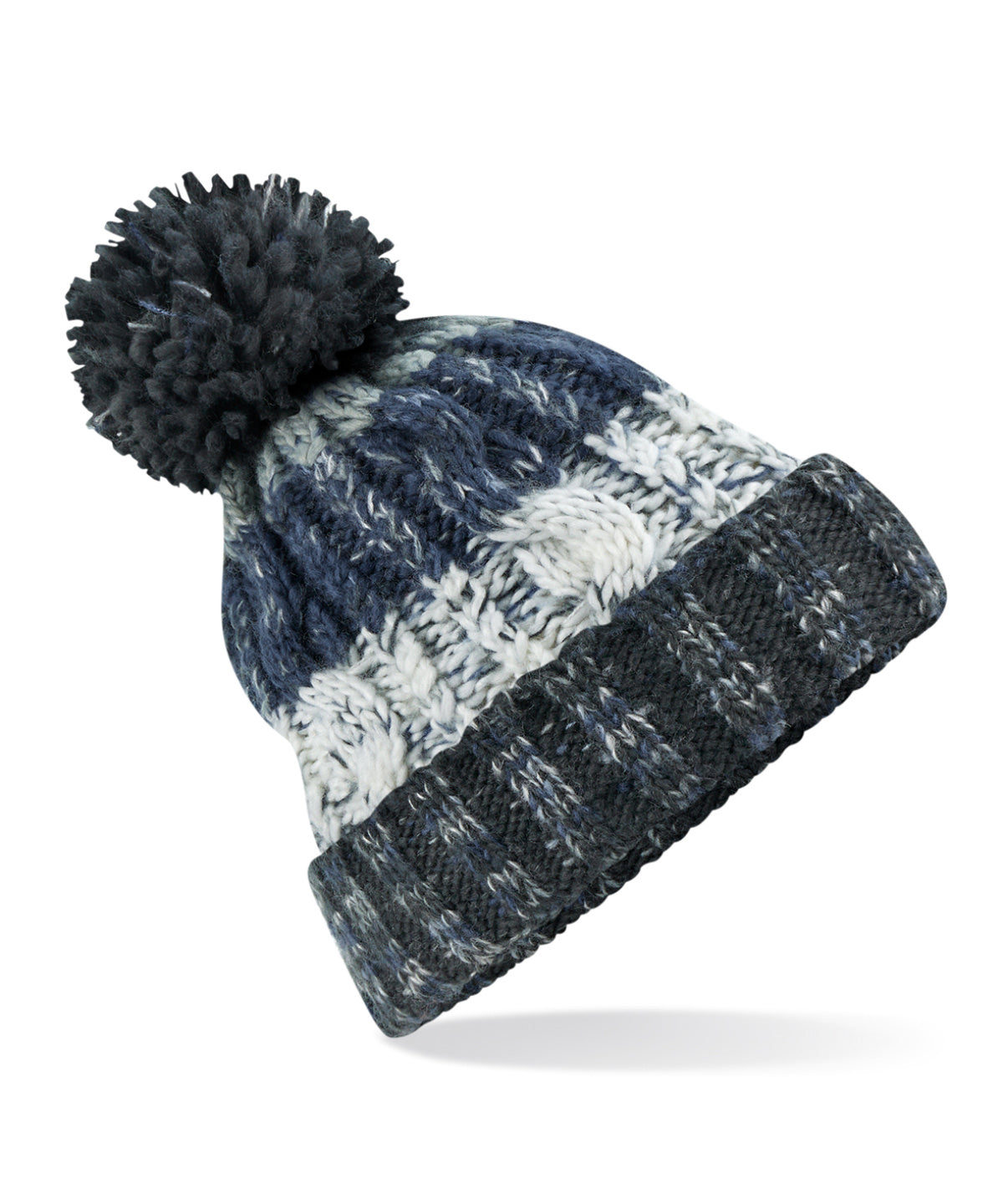 Beechfield Corkscrew Pom Pom Beanie Heavyweight Cable Knit with Shearling Band