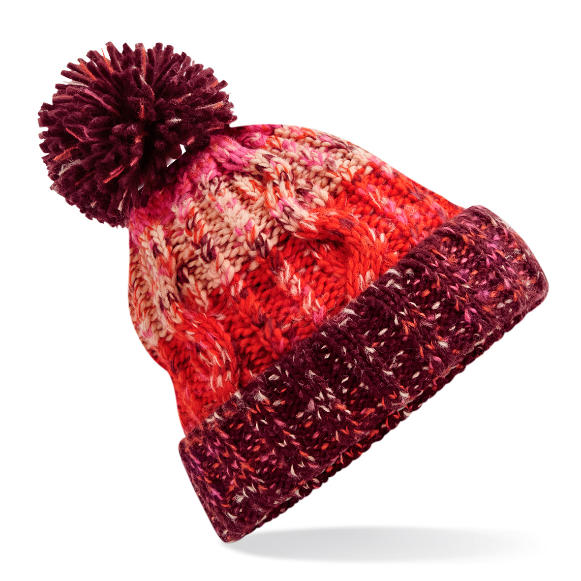 Beechfield Corkscrew Pom Pom Beanie Heavyweight Cable Knit with Shearling Band