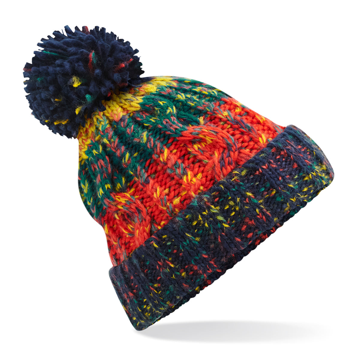 Beechfield Corkscrew Pom Pom Beanie Heavyweight Cable Knit with Shearling Band
