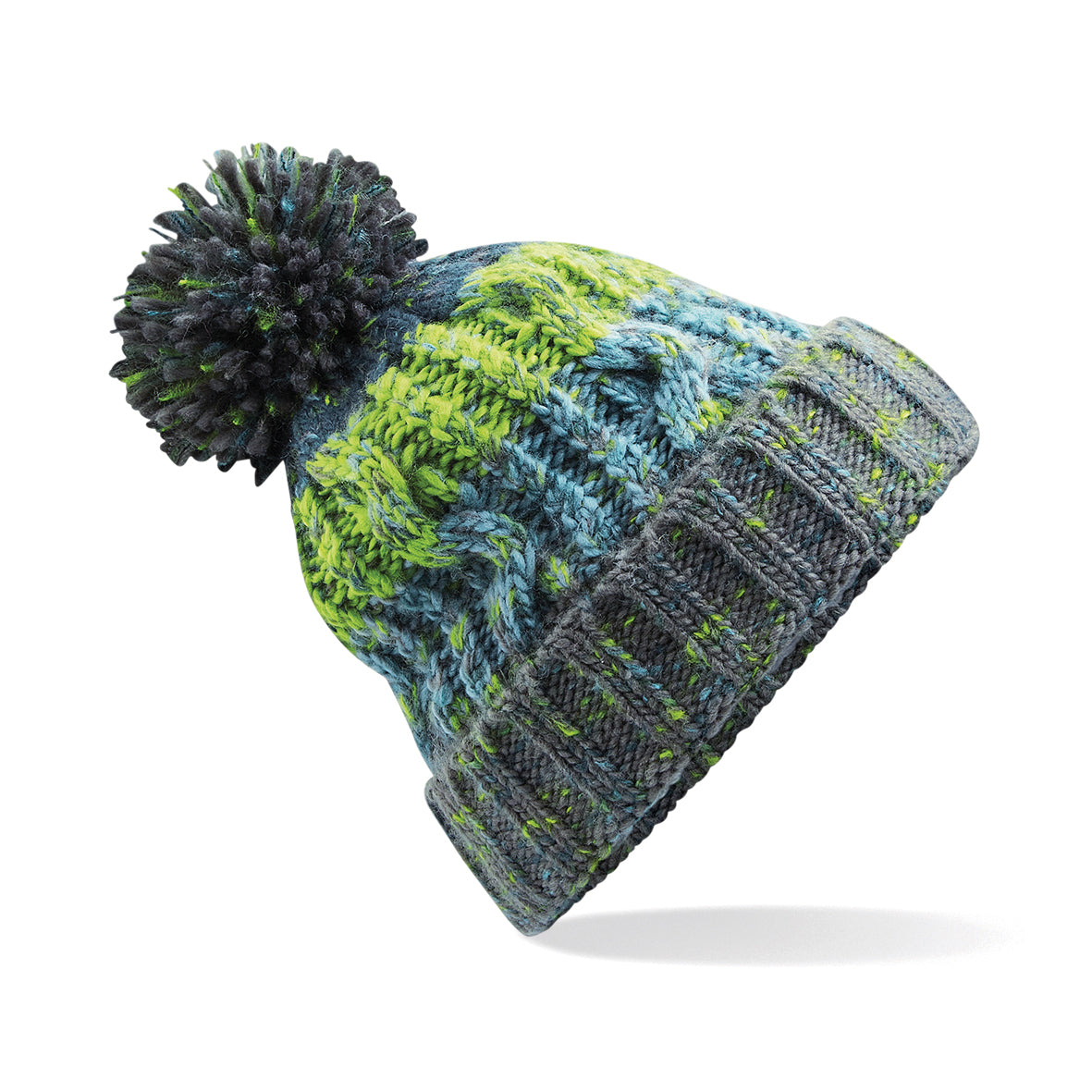 Beechfield Corkscrew Pom Pom Beanie Heavyweight Cable Knit with Shearling Band