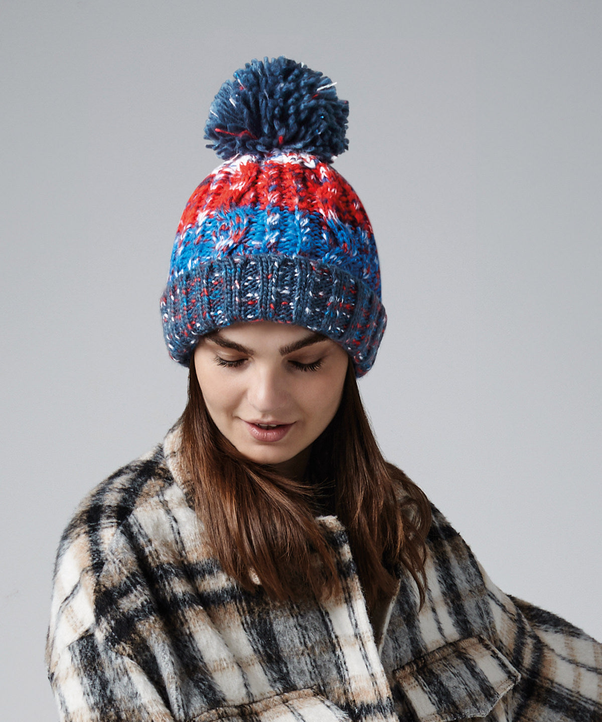 Beechfield Corkscrew Pom Pom Beanie Heavyweight Cable Knit with Shearling Band