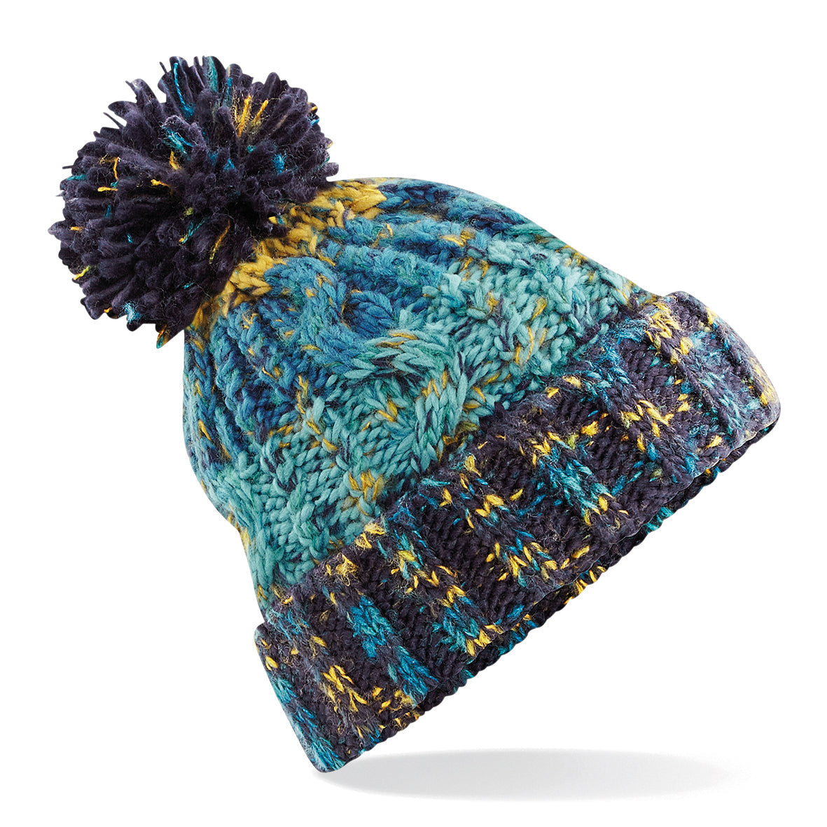 Beechfield Corkscrew Pom Pom Beanie Heavyweight Cable Knit with Shearling Band