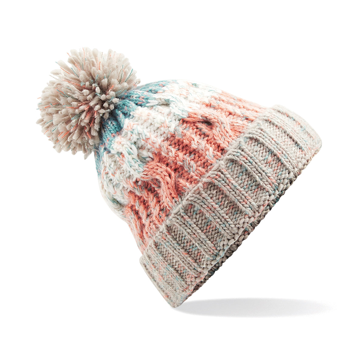 Beechfield Corkscrew Pom Pom Beanie Heavyweight Cable Knit with Shearling Band
