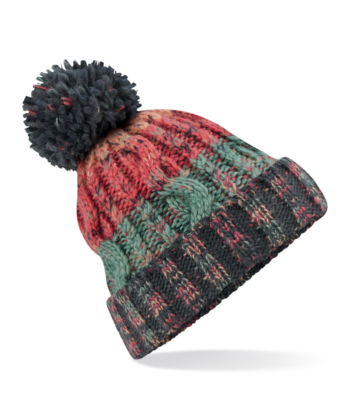 Beechfield Corkscrew Pom Pom Beanie Heavyweight Cable Knit with Shearling Band