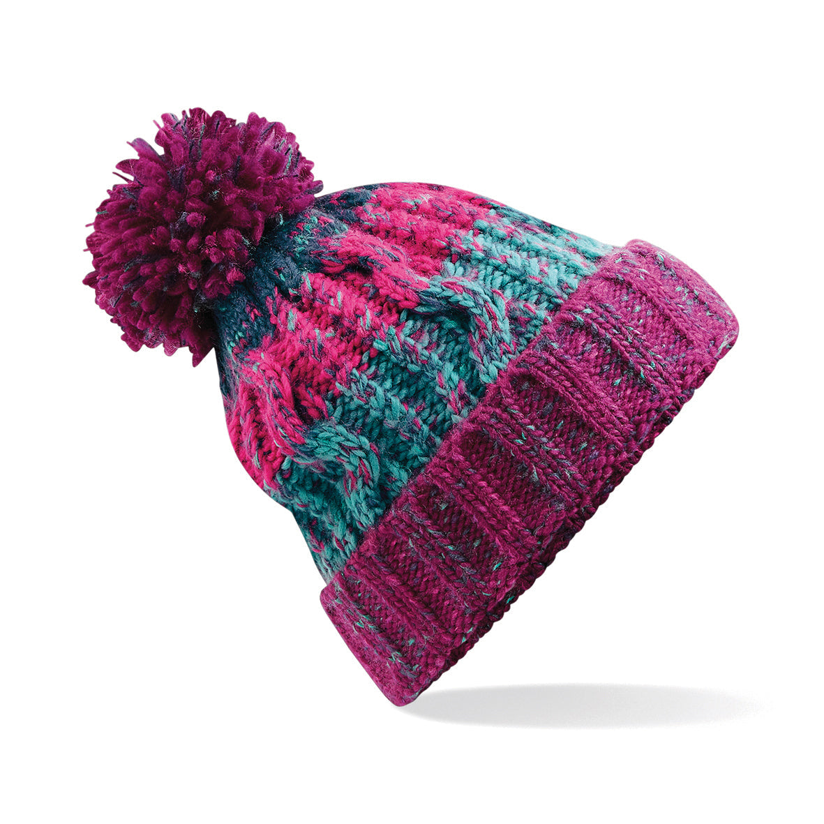 Beechfield Corkscrew Pom Pom Beanie Heavyweight Cable Knit with Shearling Band