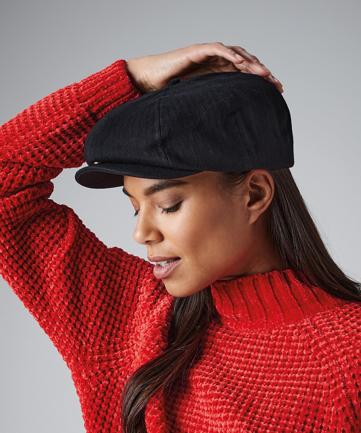Beechfield Newsboy Cap Herringbone Fabric Snap Fastening Peak Quilted Lining