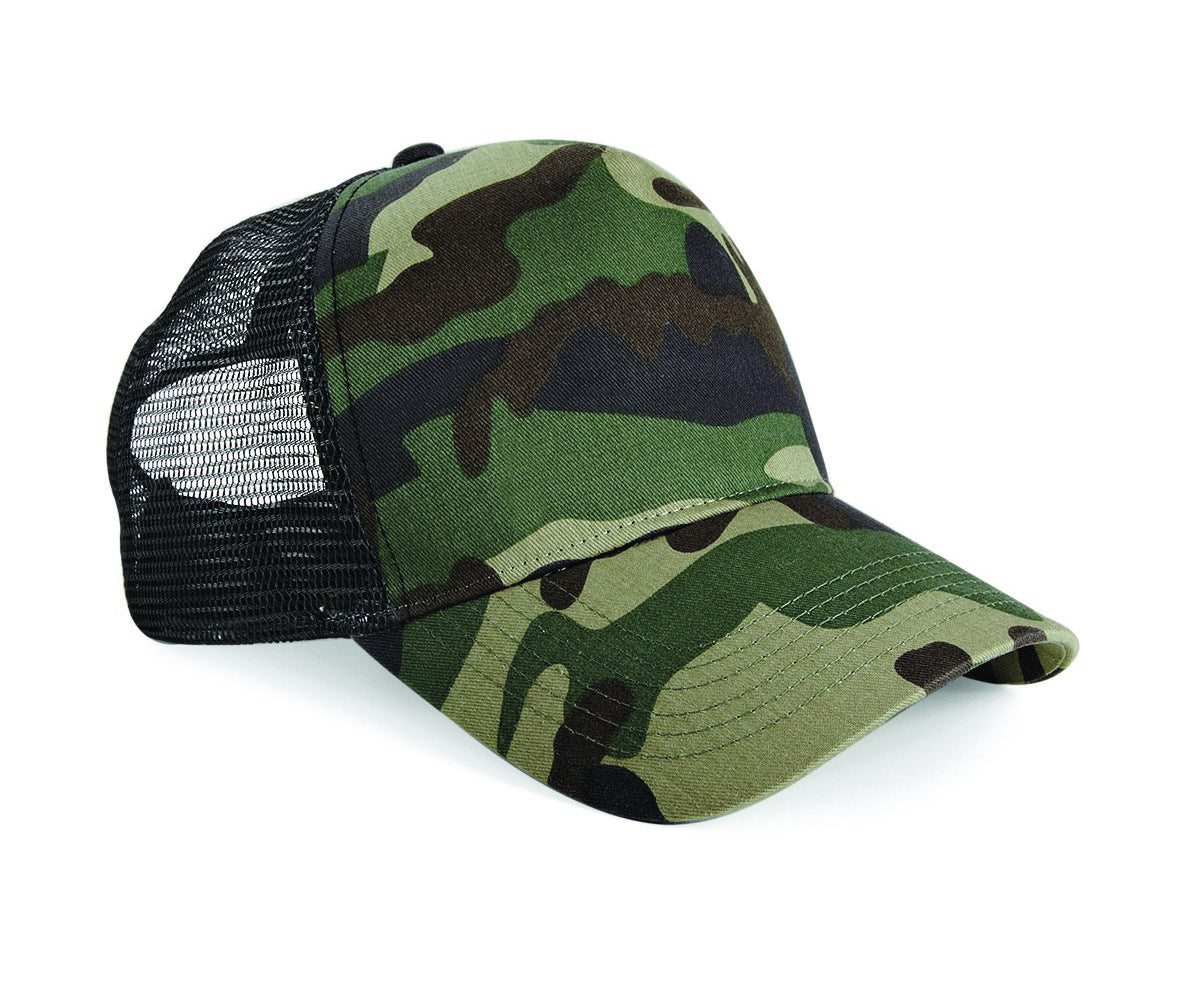 Beechfield Camo Snapback Trucker Hat 5-Panel Retro Adjustable Size Brand New