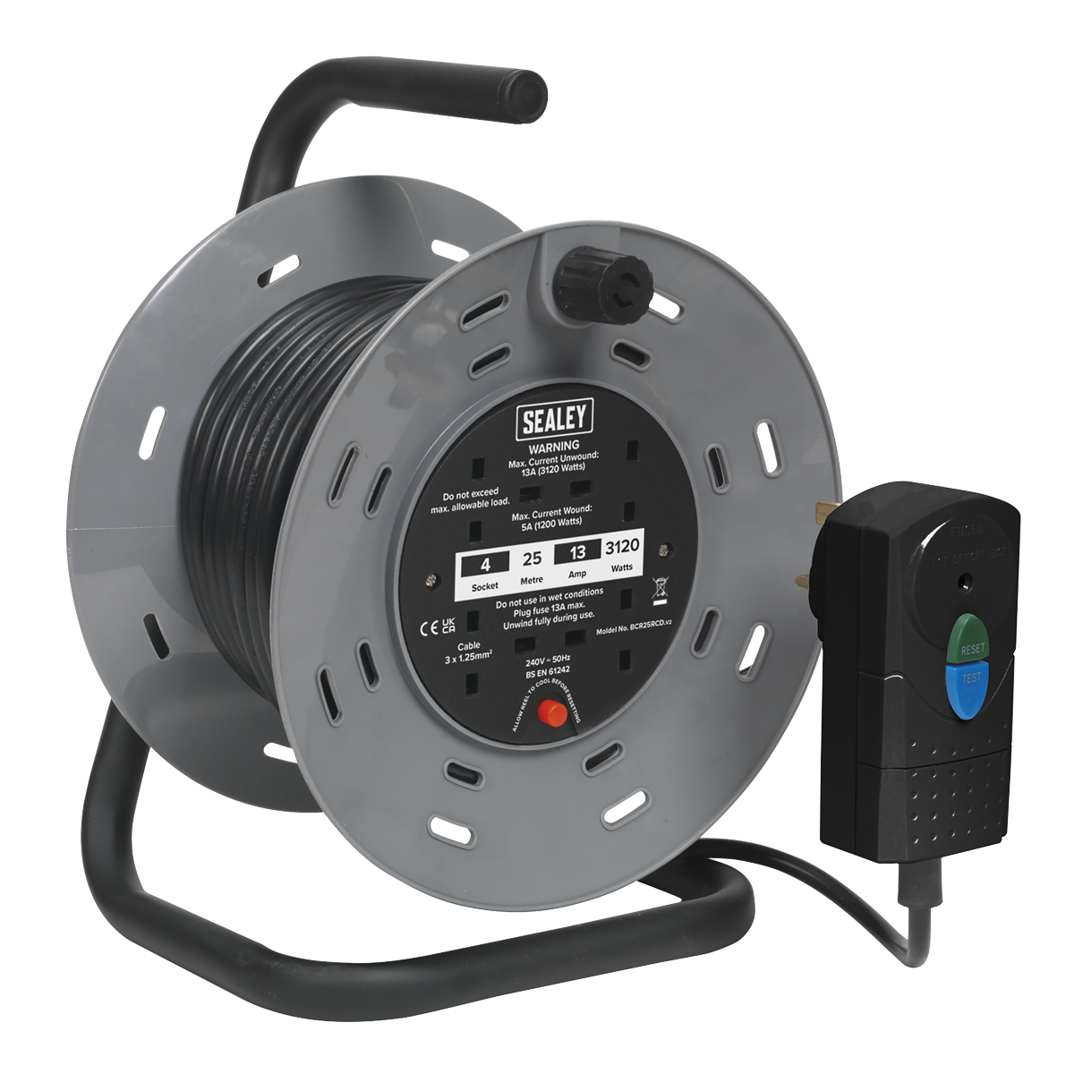 Sealey 25m Cable Reel 4 x 230V with RCD Plug and Thermal Trip Protection