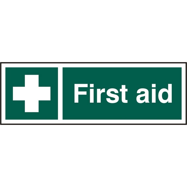 Bsafe First Aid Sign Green Self Adhesive Vinyl 300x100mm Pack of 5