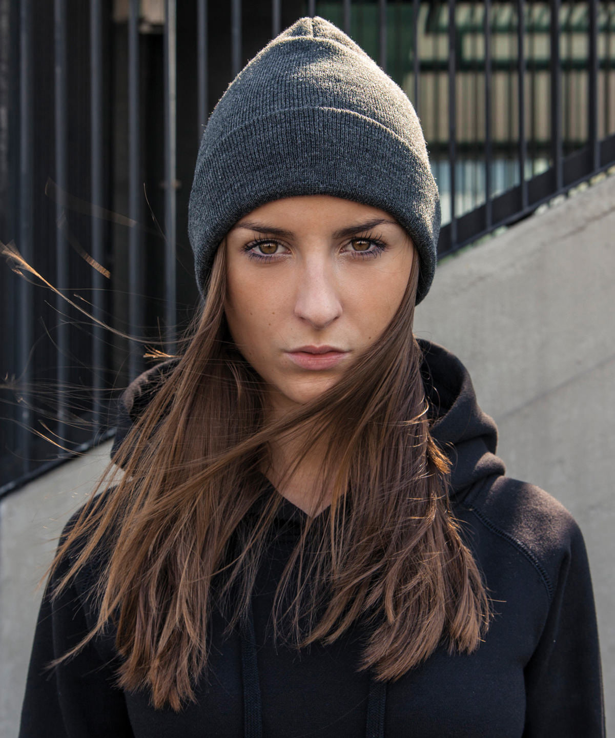 Build Your Brand Heavy Knit Beanie Elastic Acrylic Fabric One Size Turn-Up Hem