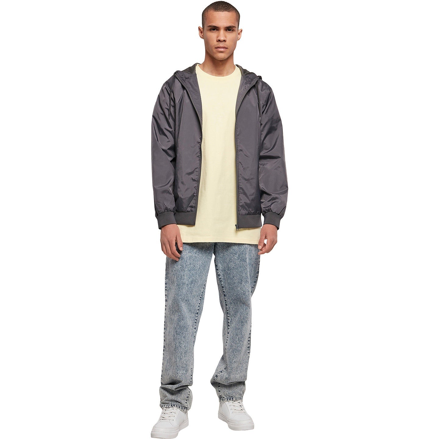 Build Your Brand Wind Runner Jacket Water-Resistant Mesh Lining Hooded Casual