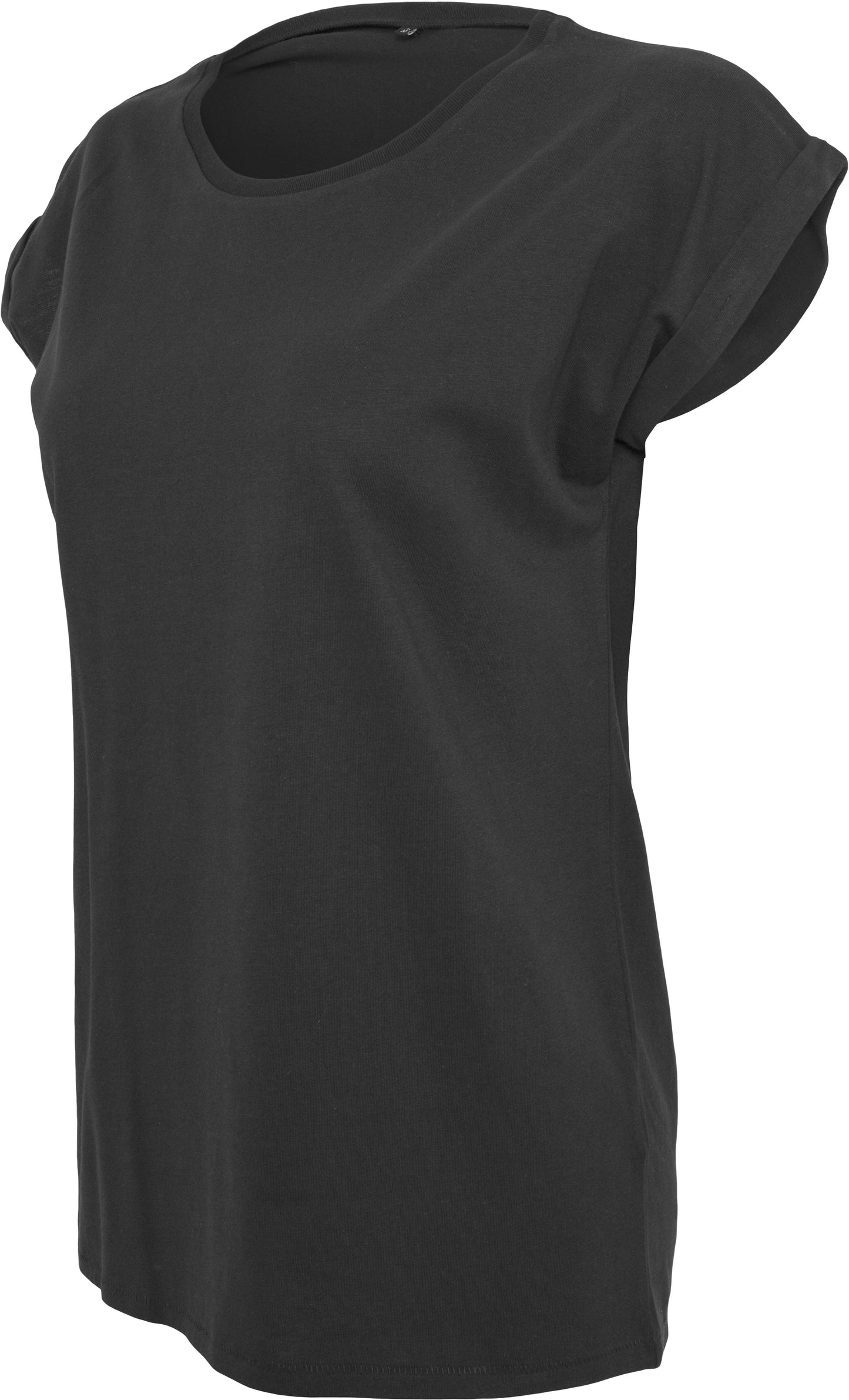 Build Your Brand Women's Extended Shoulder Tee Black Casual Top for Rebranding
