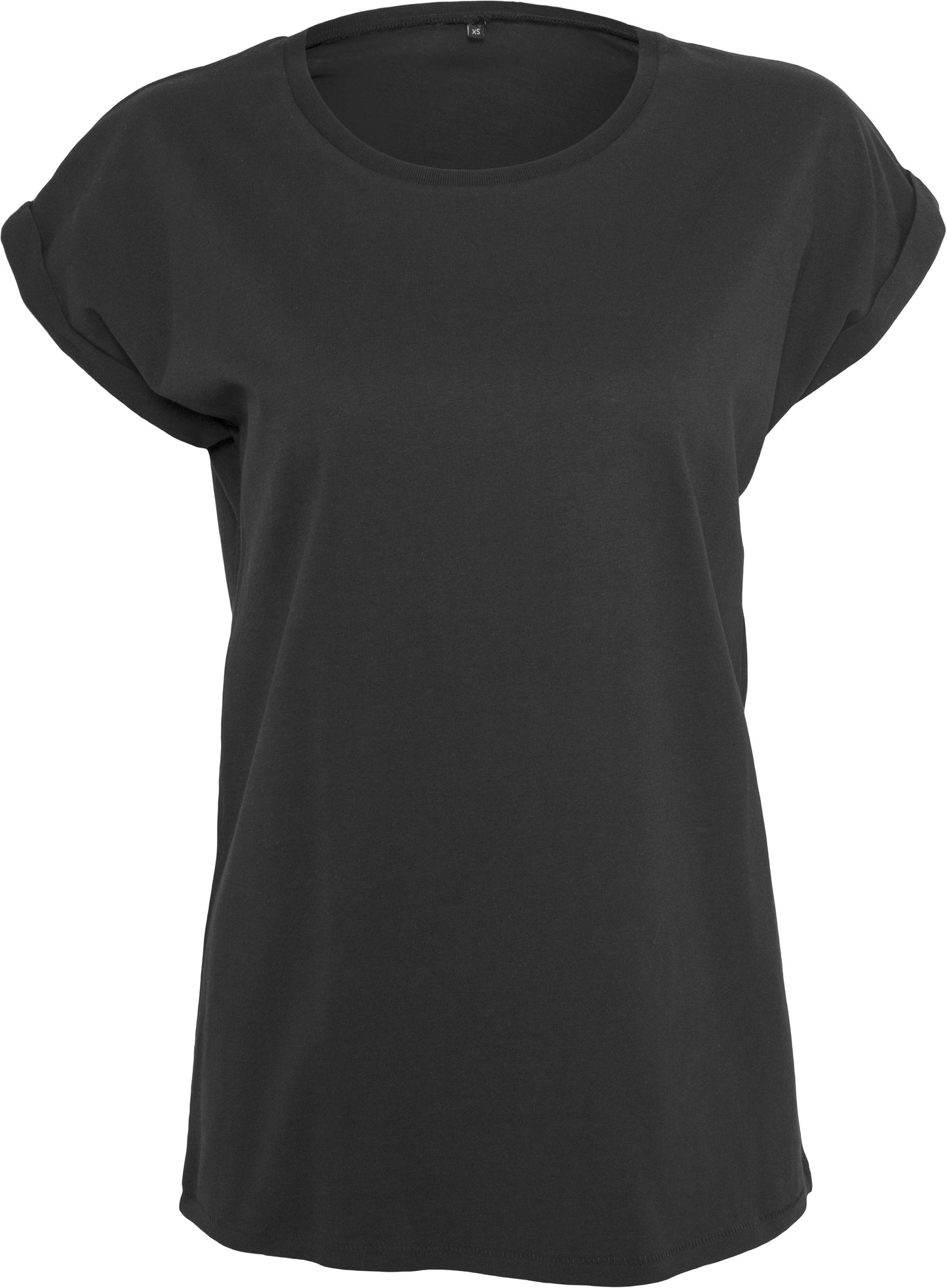 Build Your Brand Women's Extended Shoulder Tee Black Casual Top for Rebranding