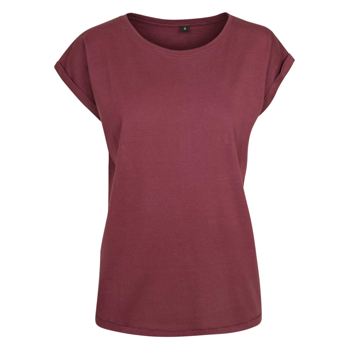 Build Your Brand Women's Extended Shoulder Tee Cherry Casual Top for Rebranding
