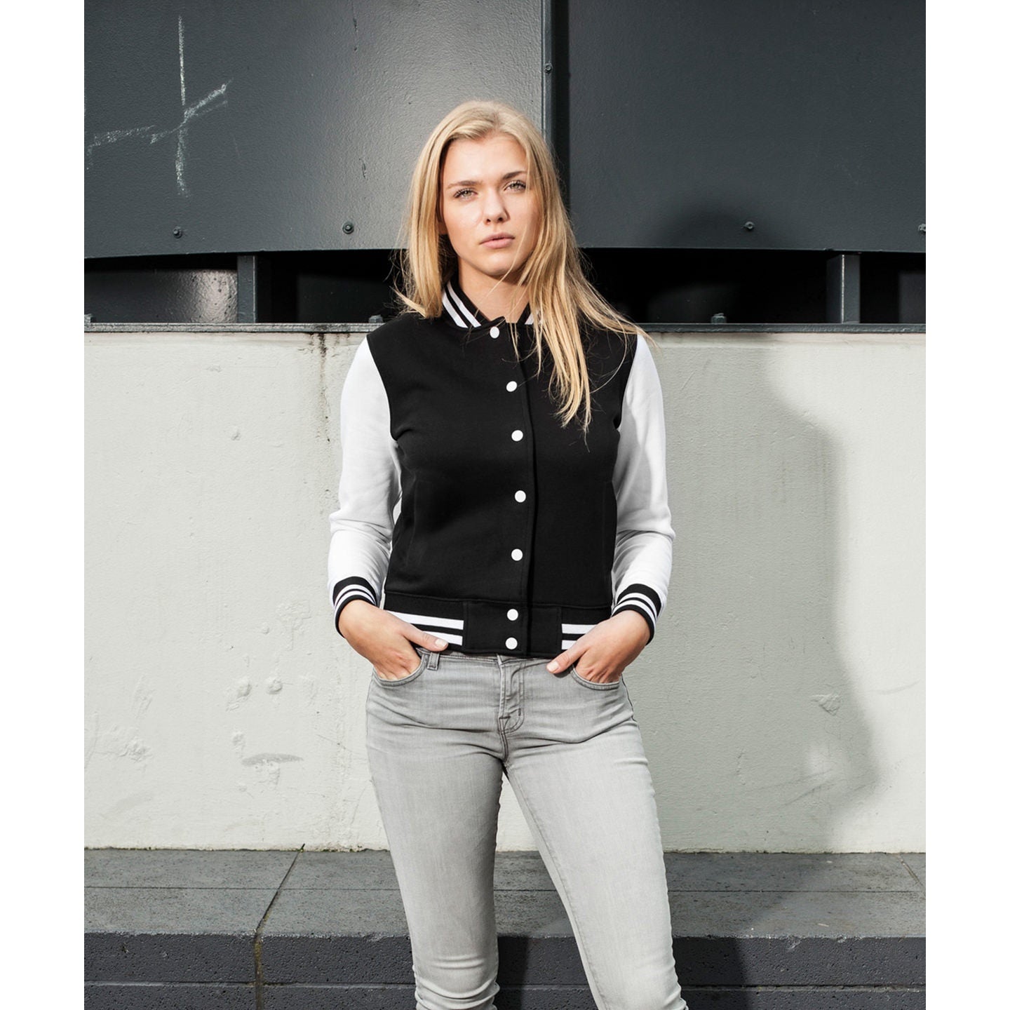 Build Your Brand Women's College Jacket Contrast Cuffs Comfortable Fit
