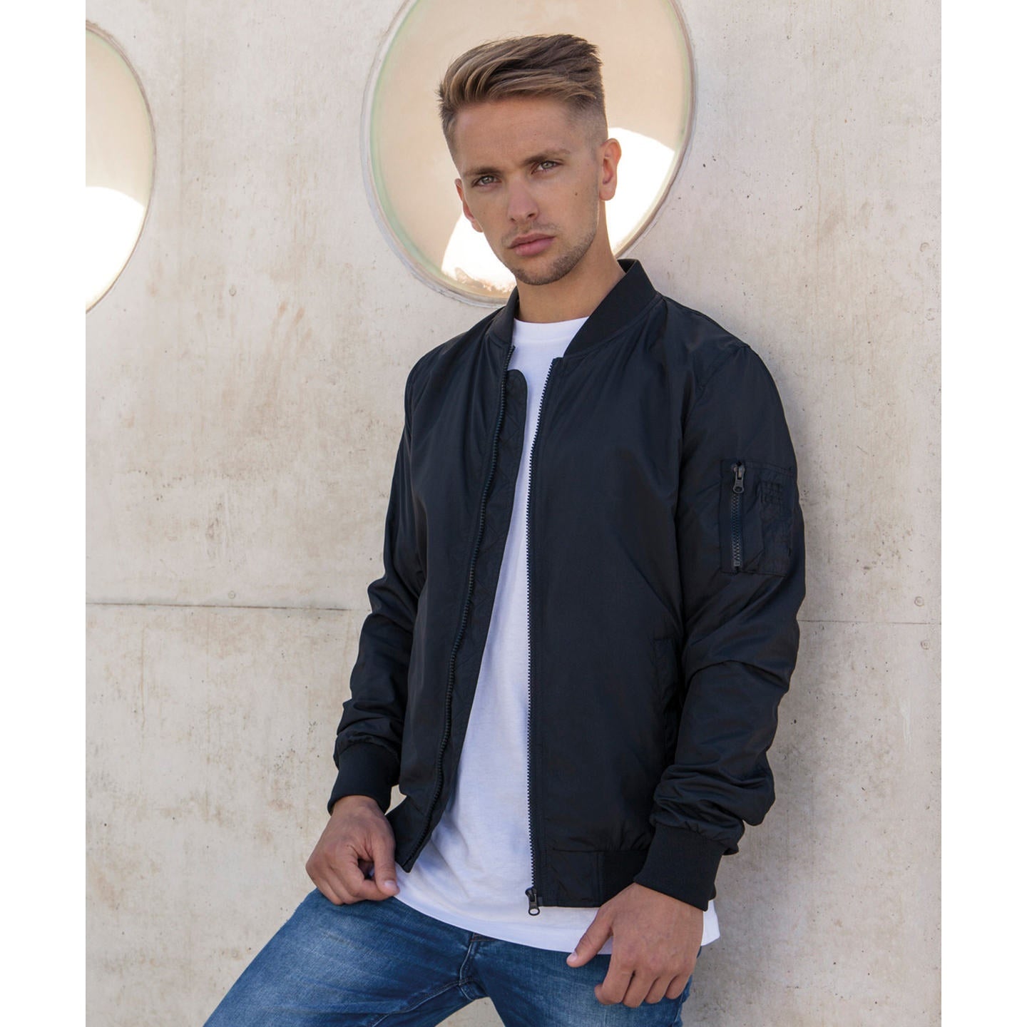 Build Your Brand FAMA Certified Nylon Bomber Jacket with Side Pockets