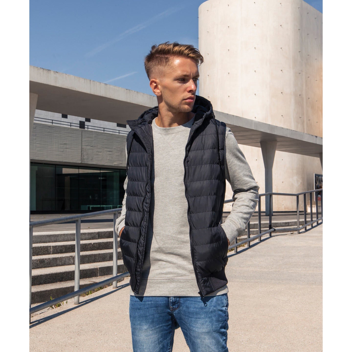 Build Your Brand Bubble Vest Quilted Hooded Lightweight Padded Streetwear