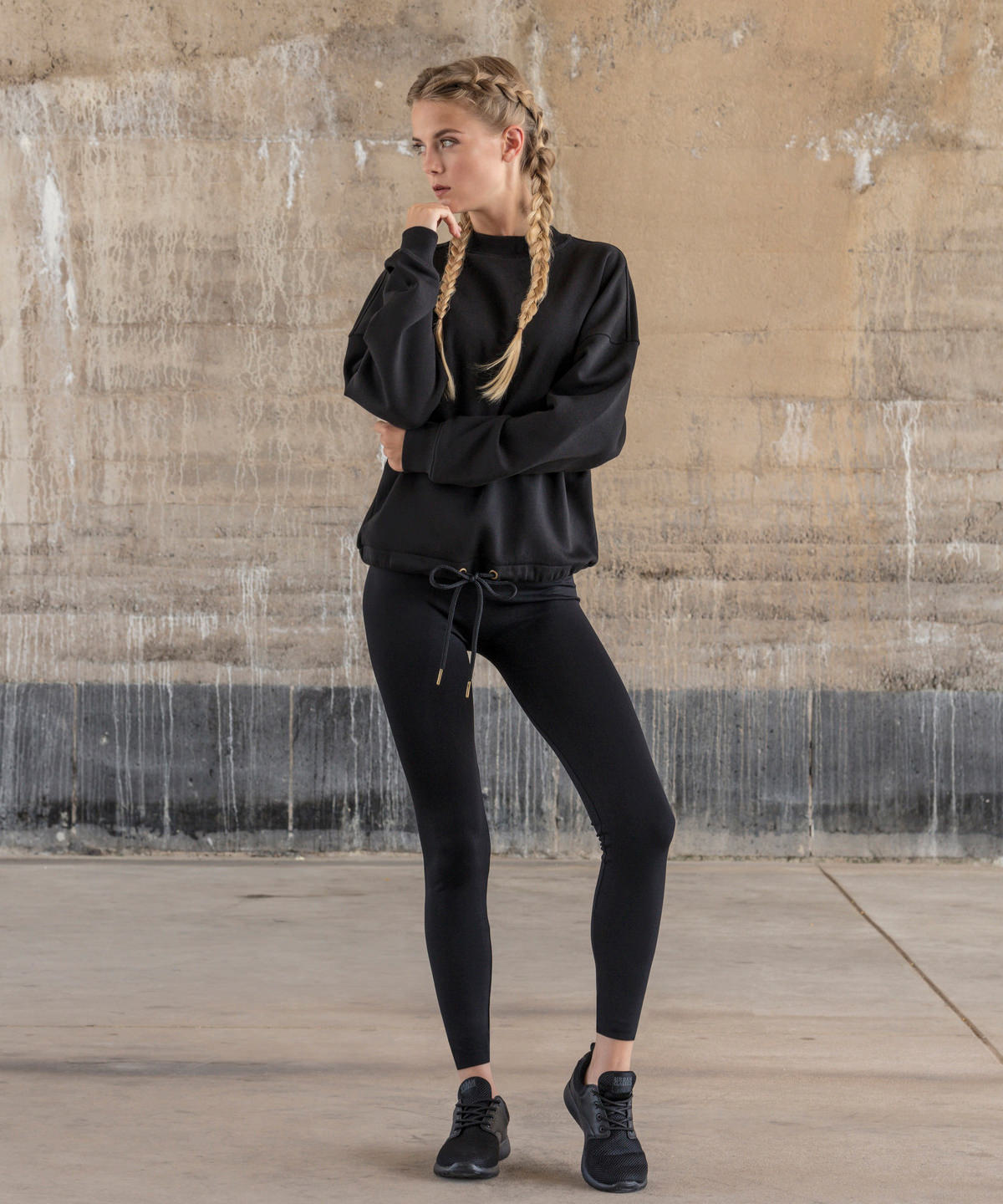 Build Your Brand Women's Oversized Crew Neck Sweatshirt with Drawstring Waist