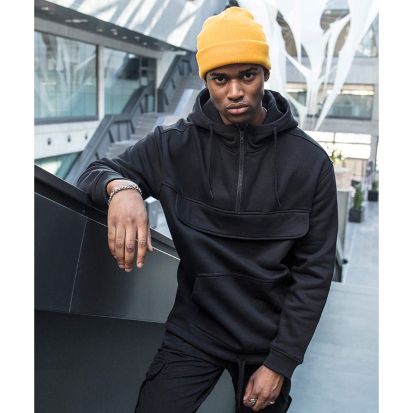 Build Your Brand Pullover Hoodie with Decorative Pocket and Drawstring Waist