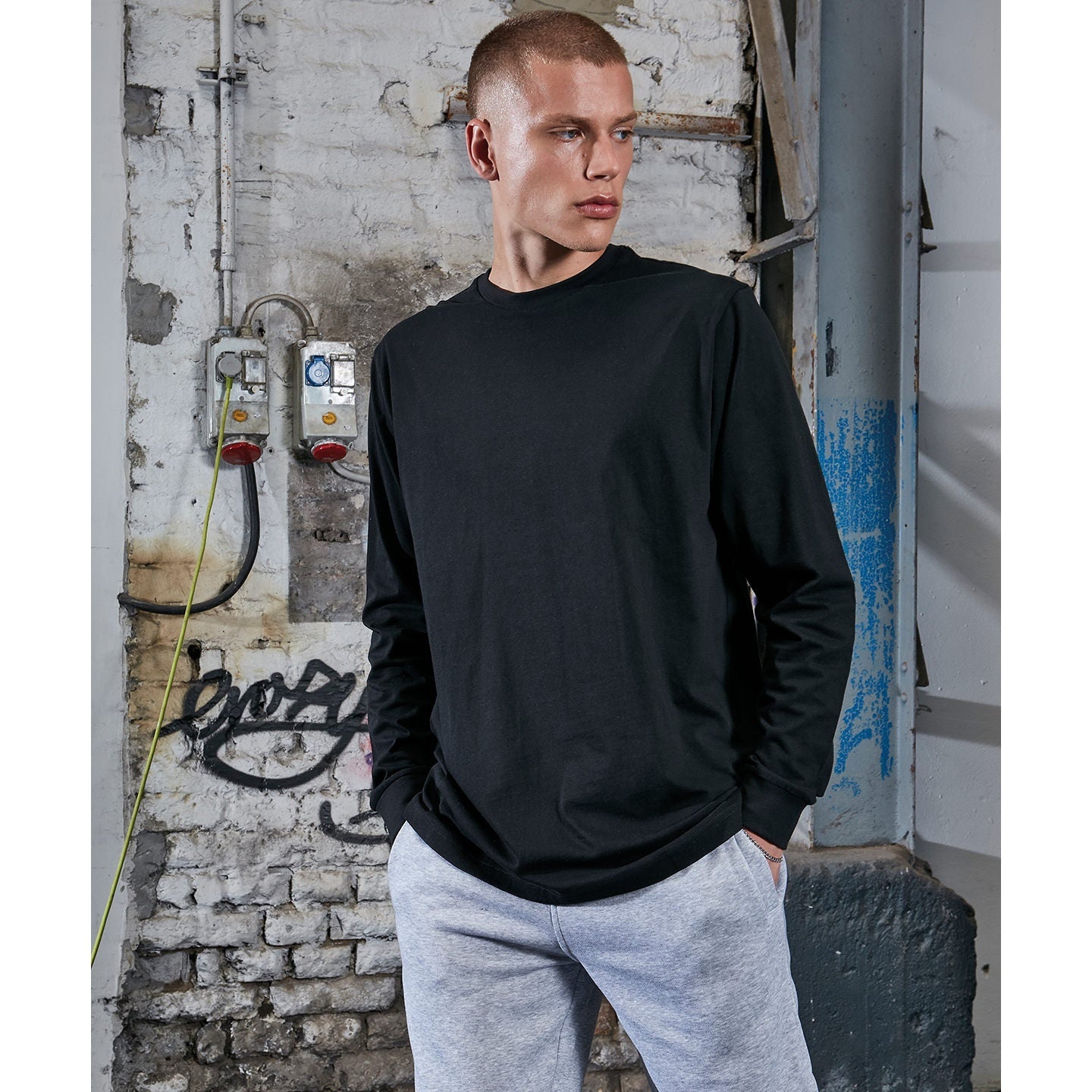 Build Your Brand Organic Long Sleeve T-Shirt with Ribbed Cuffs for Men