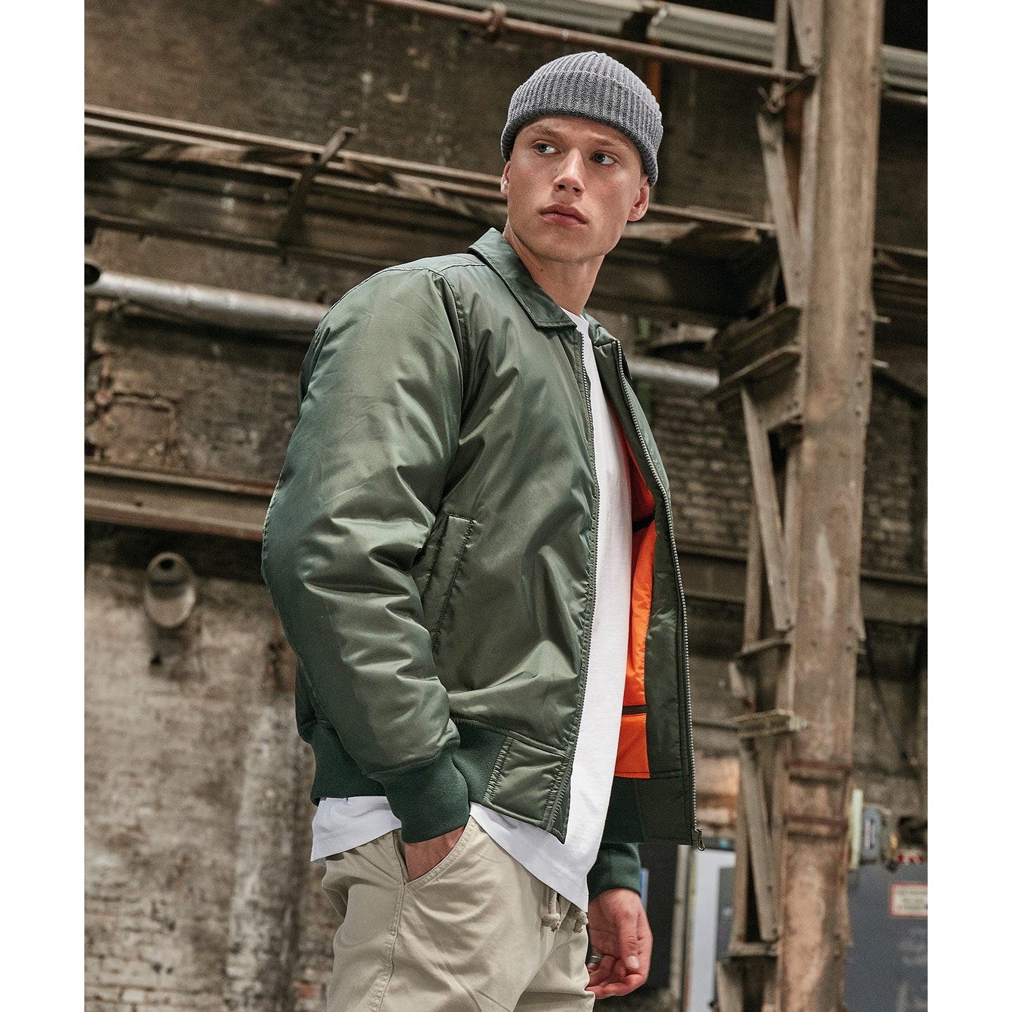 Build Your Brand Men's Collar Bomber Jacket with Orange Lining and Pocket